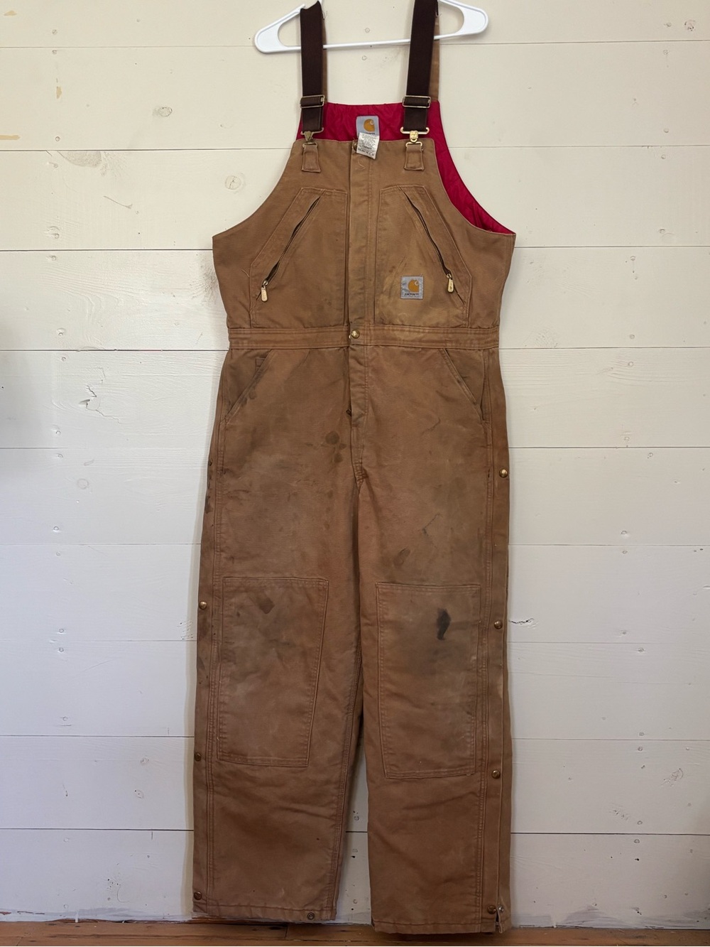 Carhartt Men's Brown Duck Work Overalls with Red Lining